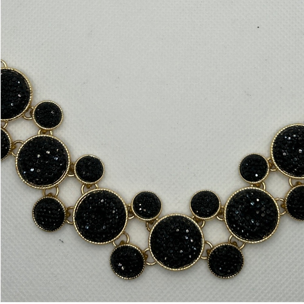 Black Gold tone Statement Necklace Textured Circle Cluster Bib Shiny